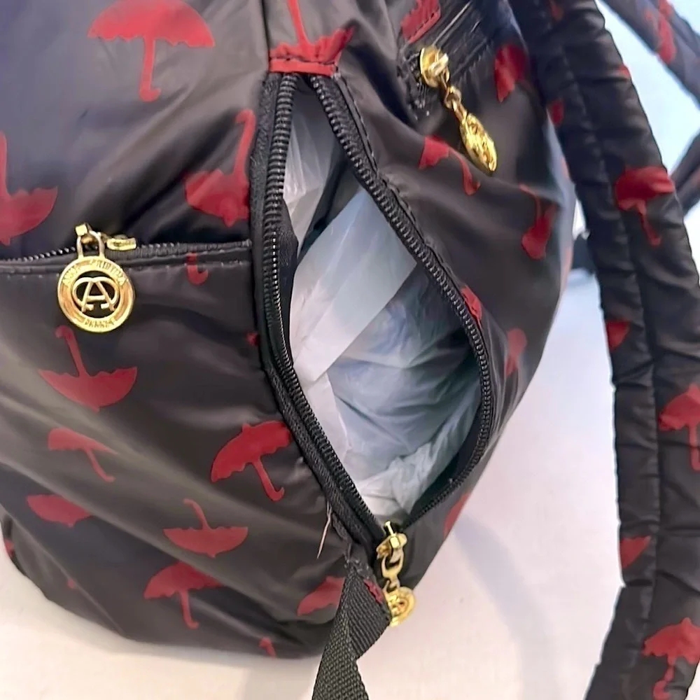 Anna Christina Firenze Red and Black umbrella Patterned Backpack EUC